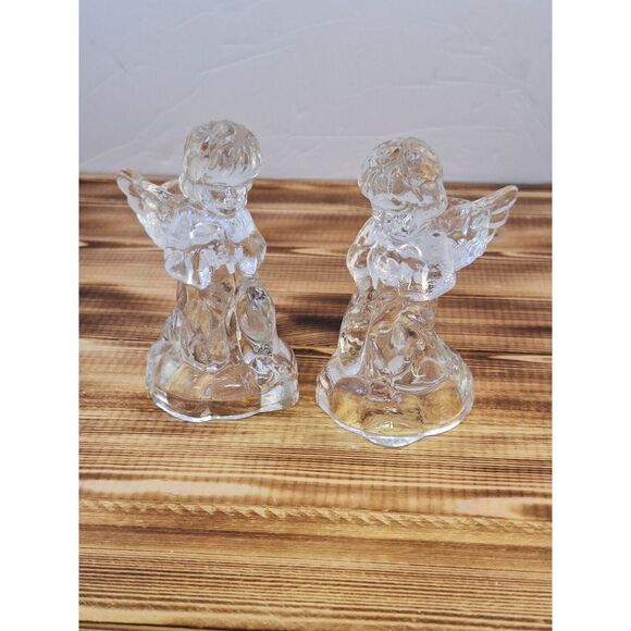 Set Of 2 Kneeling CHRISTMAS TAPERED GLASS ANGEL CANDLE Holders 4.25"‎ Tall - Picture 1 of 11